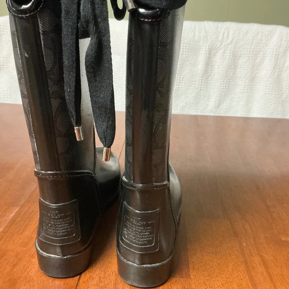 Coach Tristee Rain Boots Black Signature Monogram Lace Up Tall Women 9B A0011